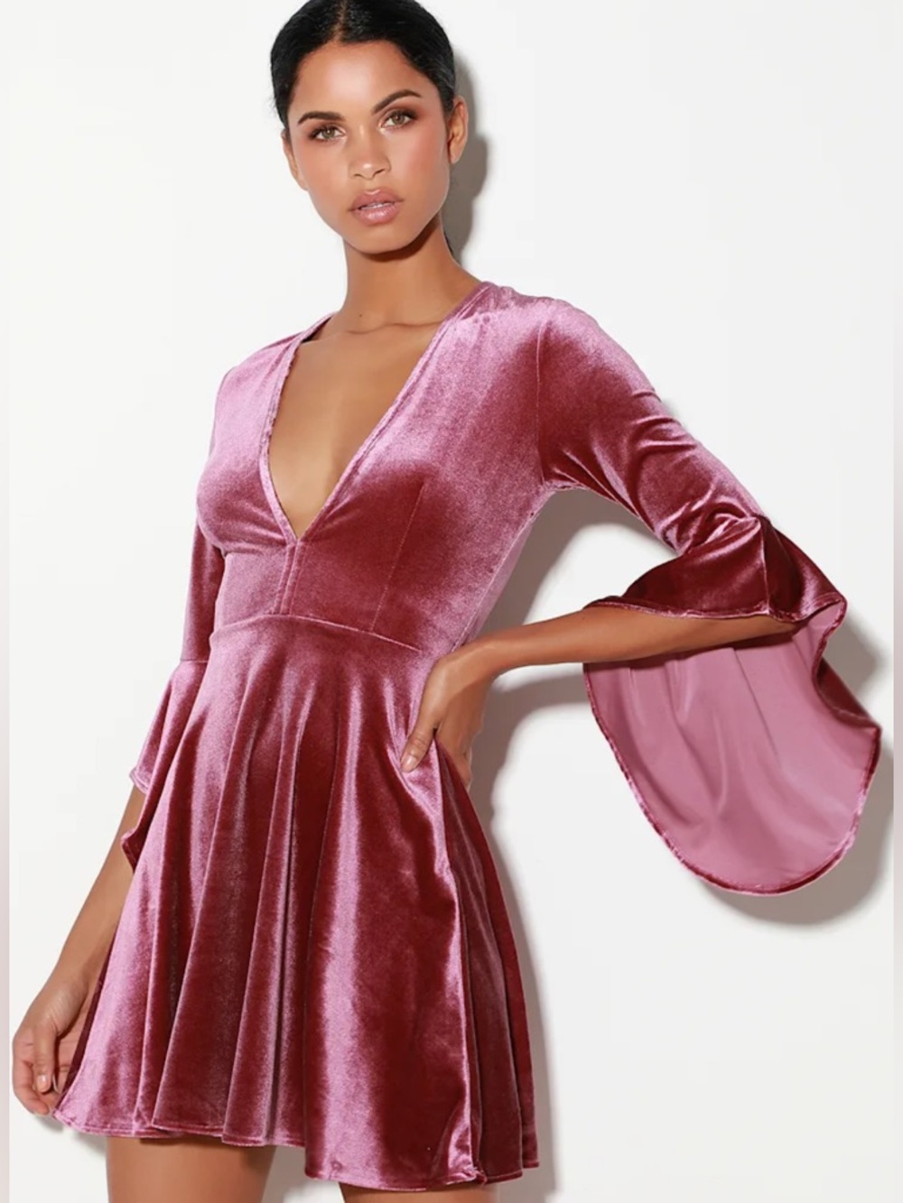 Lulu's Deep Pink Velvet Long Sleeve Dress